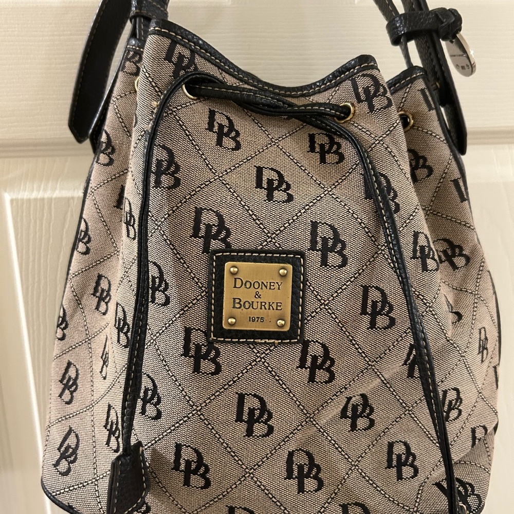 Dooney & Bourke Monogram Drawstring Shoulder Bag in Tan and Black